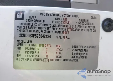 2007 Chevrolet Equinox Lt из США, поврежденный, VIN 2CNDL63F576042124